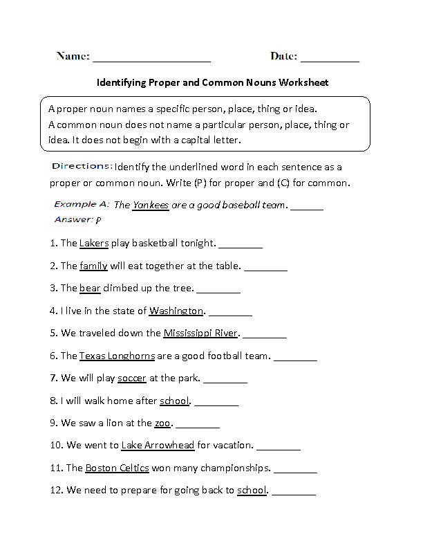 2nd Grade Common And Proper Nouns Worksheets For Grade 2 With Answers