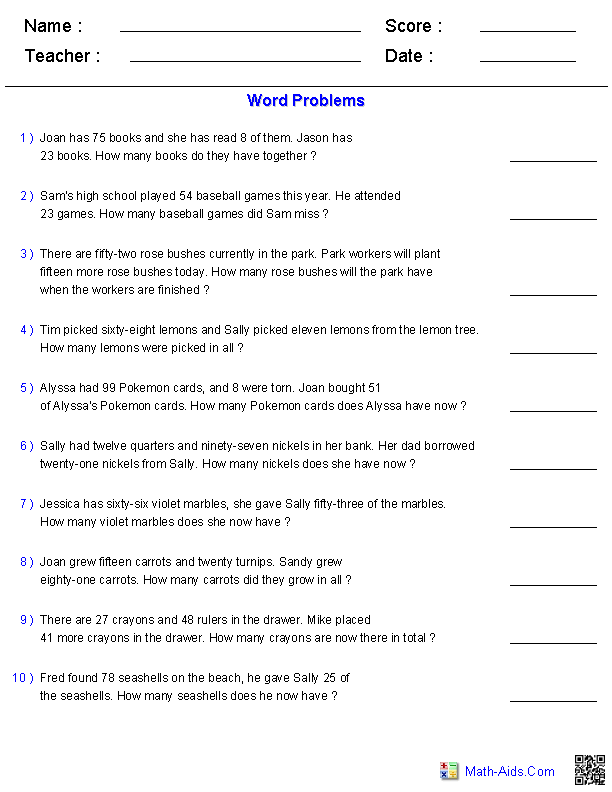 2 Digit Subtraction Word Problems Worksheets