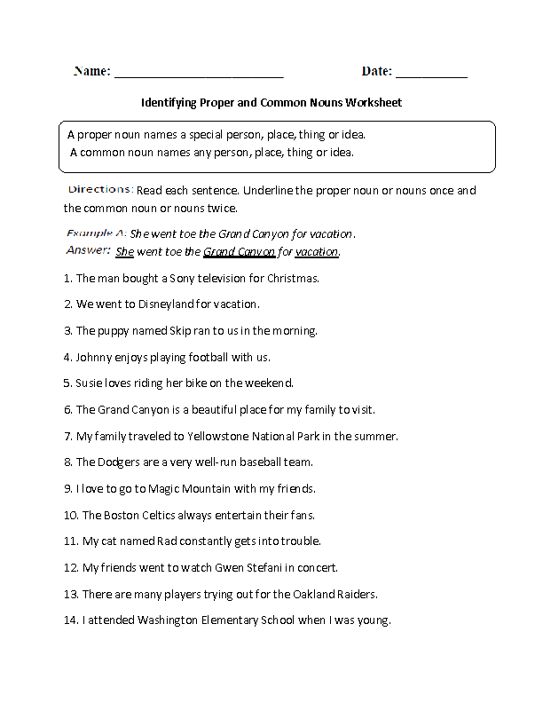 Identifying Nouns Worksheet 6th Grade