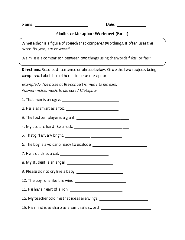 Simile And Metaphor Worksheet 4th Grade