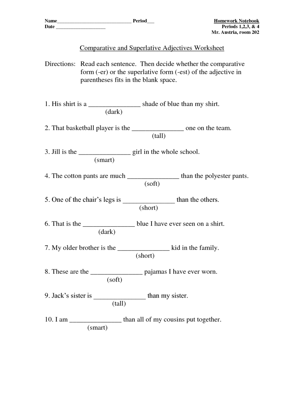 Comparative Adjectives Worksheet Answers
