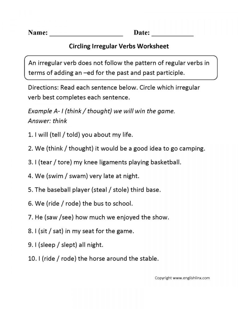Irregular Verbs Worksheet 5th Grade