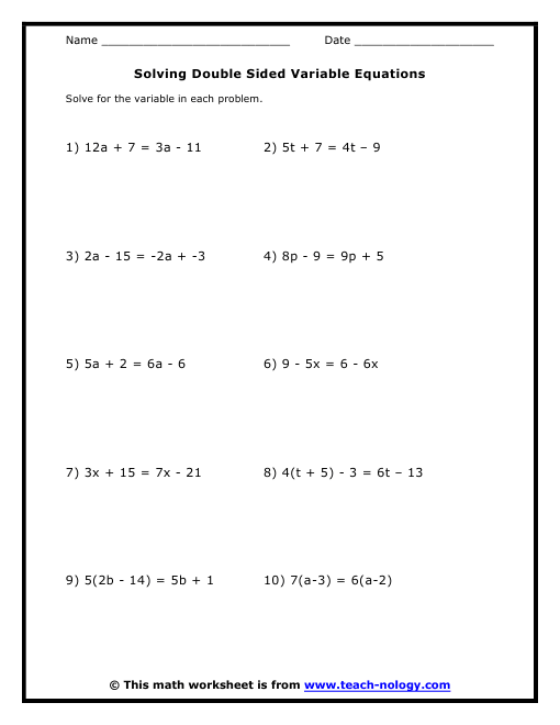 Solving Equations For A Variable Worksheet