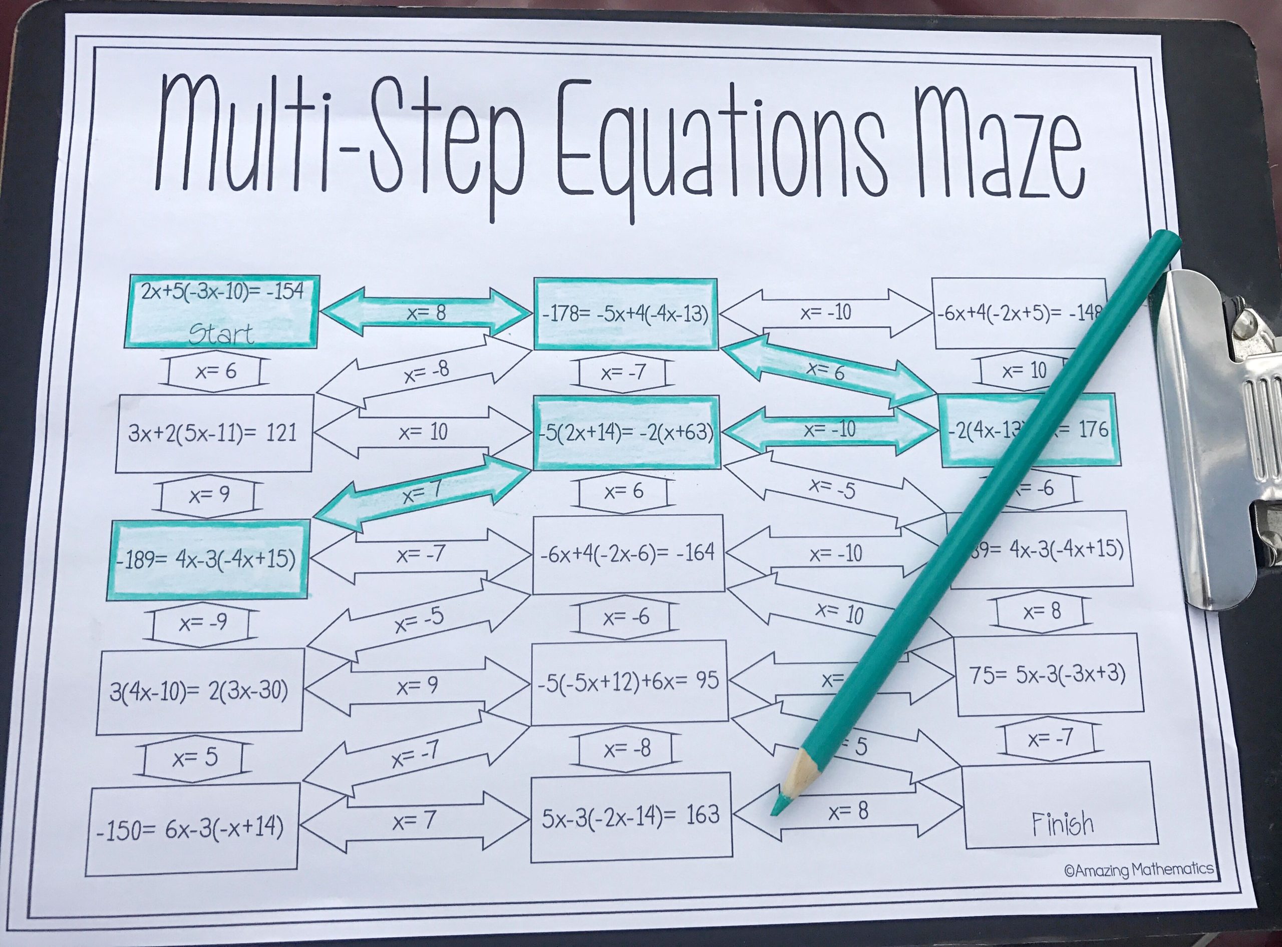 Solving Multi Step Equations Worksheet Maze