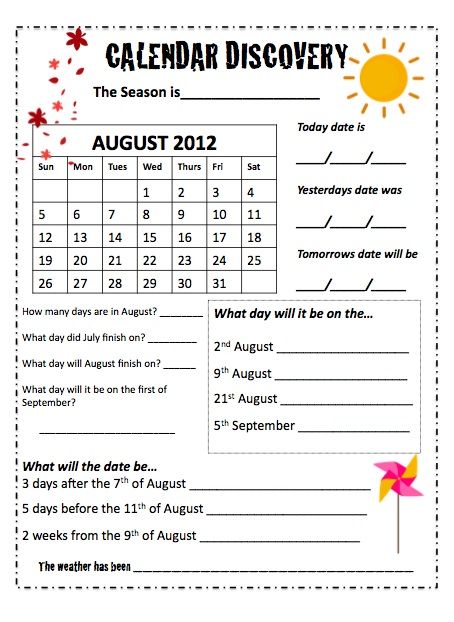 Calendar Worksheets For Kindergarten Pdf