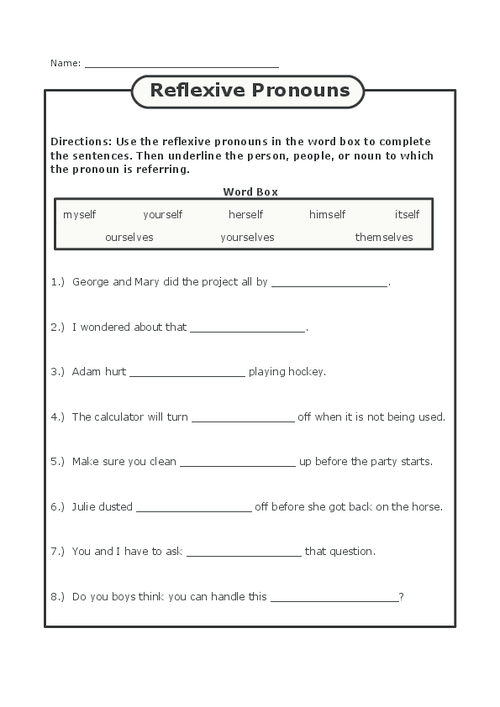 6th Grade Reflexive Pronouns Worksheets