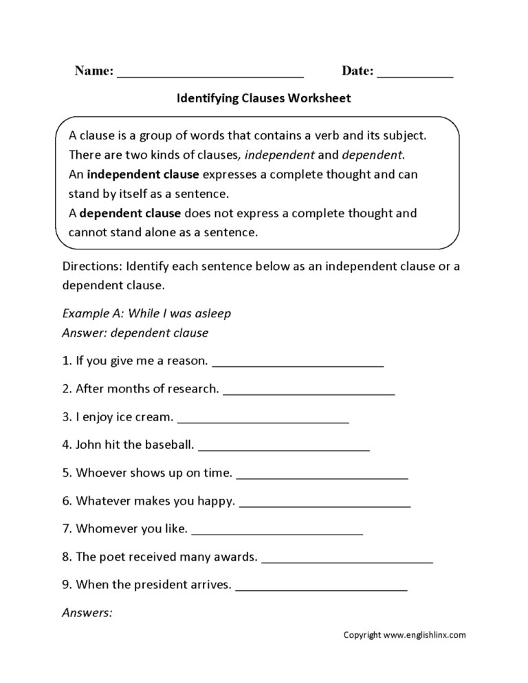 Find The Subordinate Clause Worksheet Answers