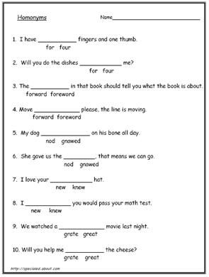 Homonyms Worksheets Grade 6