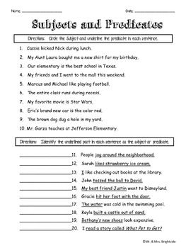 3rd Grade Simple Subject And Predicate Worksheets With Answers