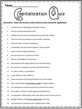 Capitalization Worksheets 4th Grade