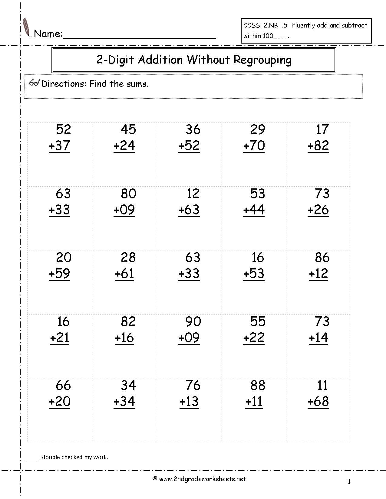 2 Digit Addition Without Regrouping Worksheets 2nd Grade