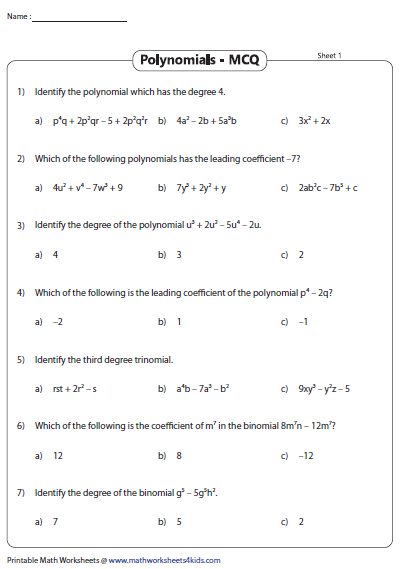 Simple Adding Polynomials Worksheet