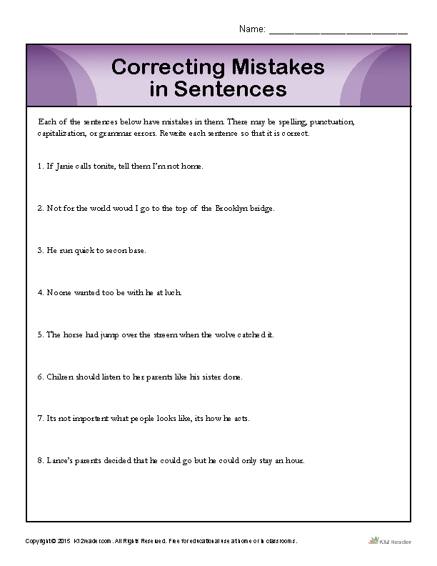 Sentence Correction Worksheets