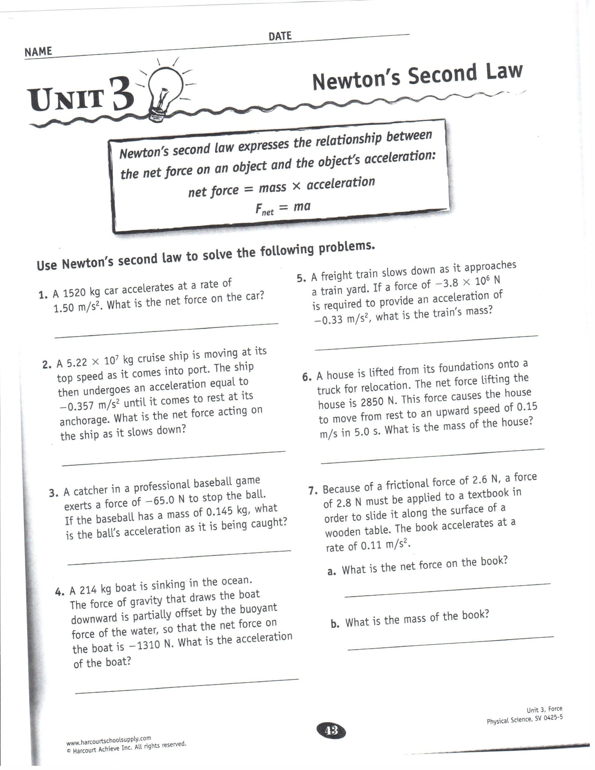 Newton's Second Law Of Motion Problems Worksheet Key