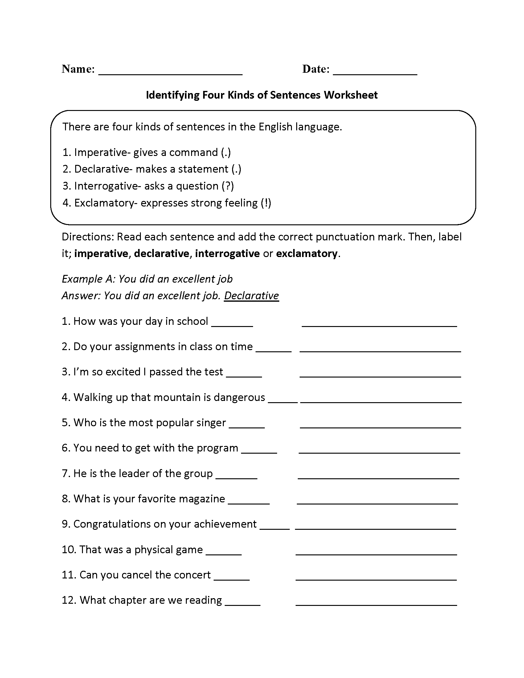 Types Of Sentences Worksheets 4th Grade
