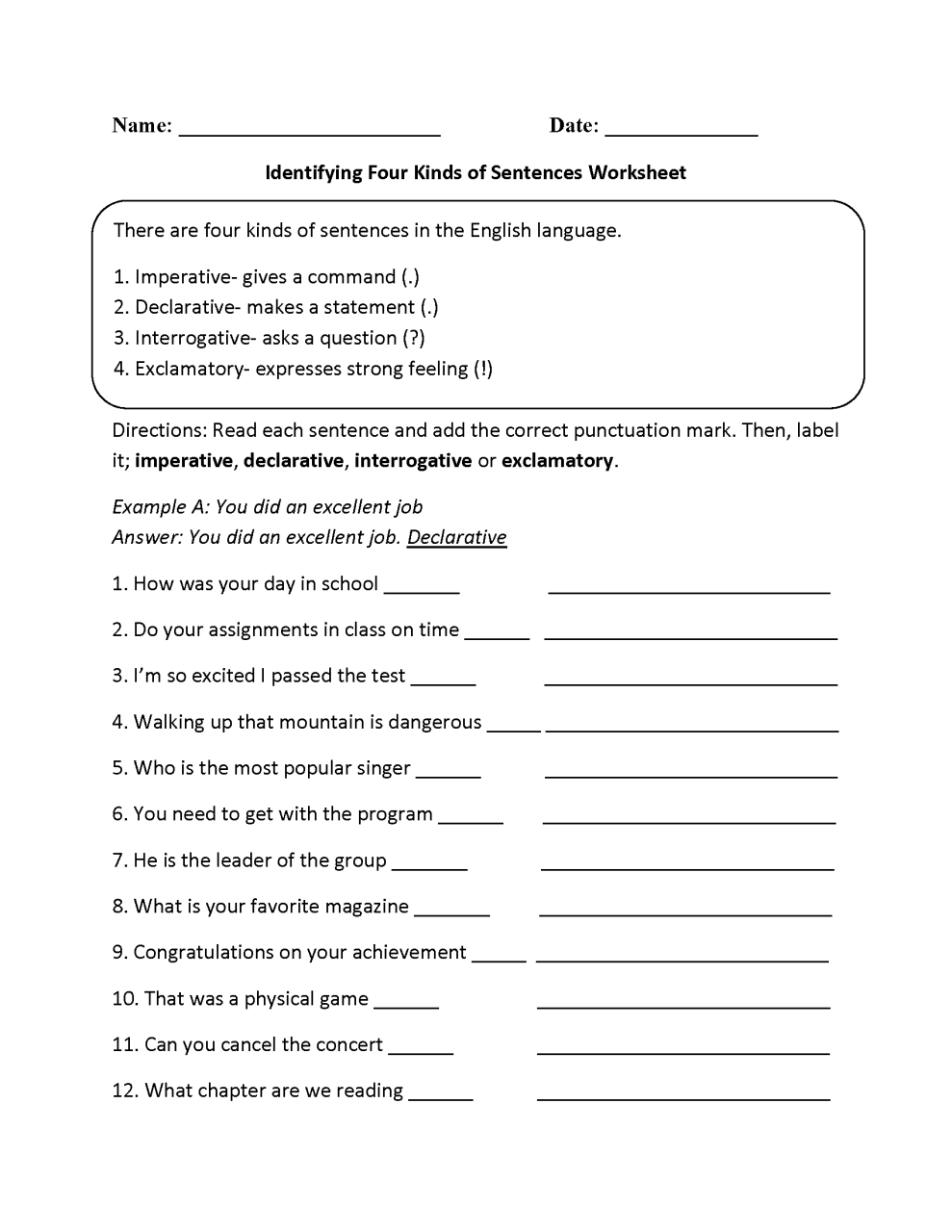 3rd Grade Imperative Sentence Worksheets For Grade 3
