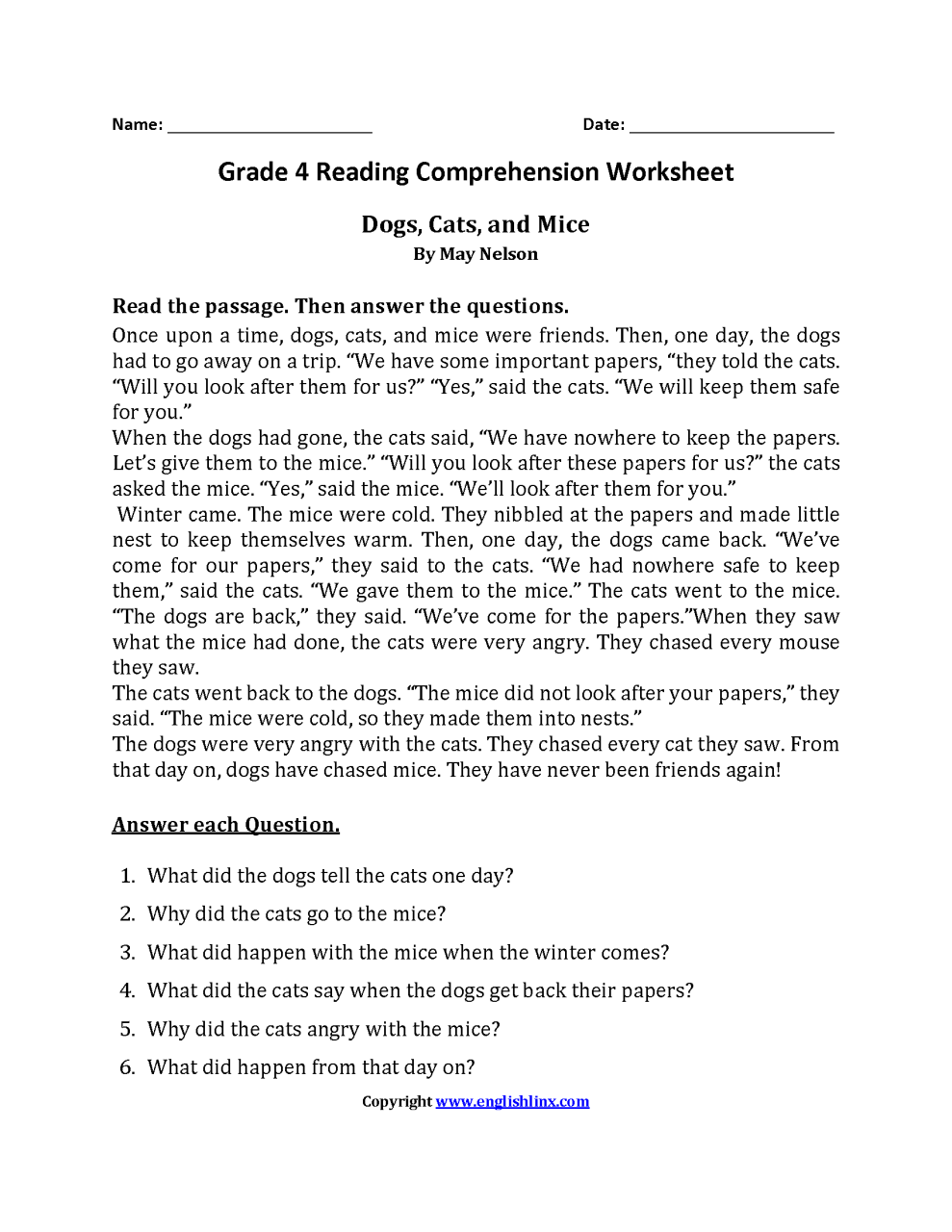 Comprehension For Class 4 Pdf