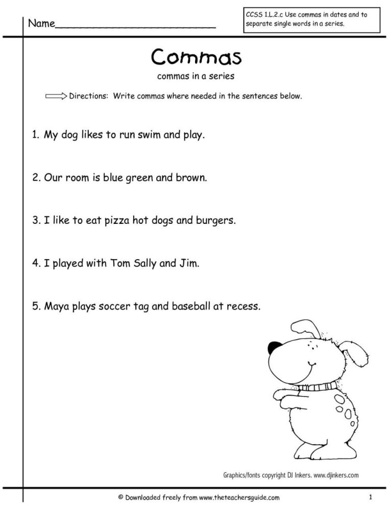 Comma Worksheets 2nd Grade