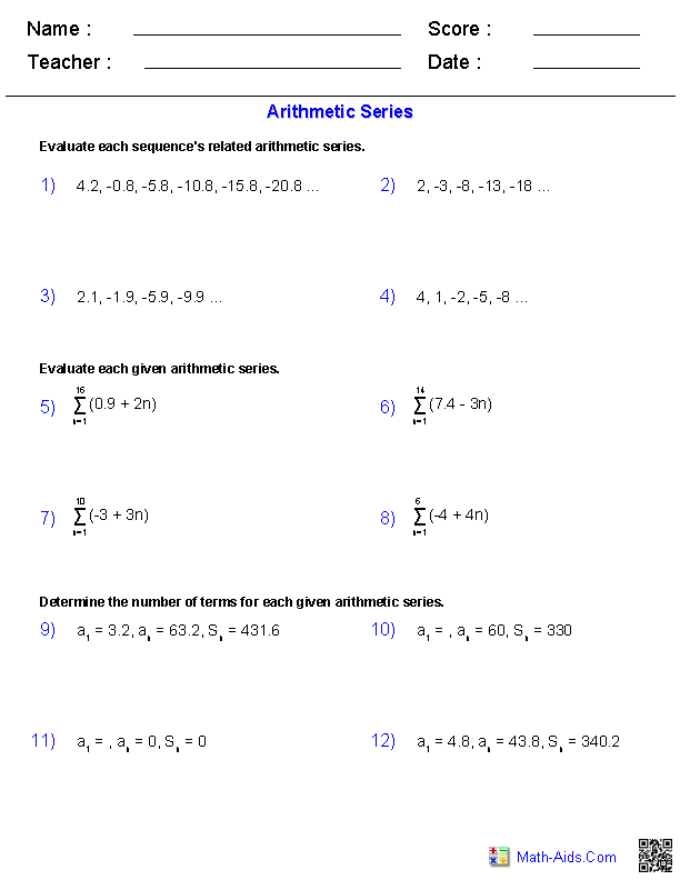 Arithmetic Sequence Worksheet Algebra 2 Answers