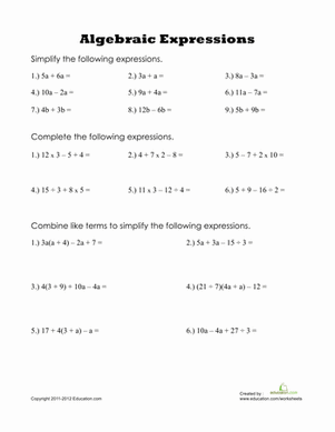 Algebraic Expressions Worksheets 5th Grade