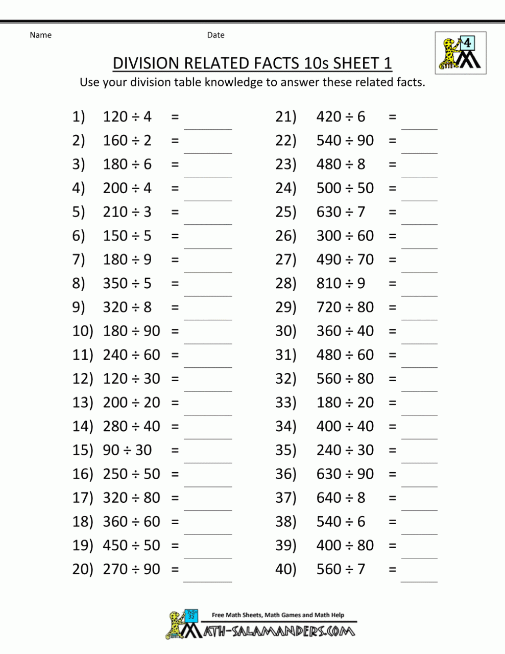 4th Grade Division Practice Worksheets