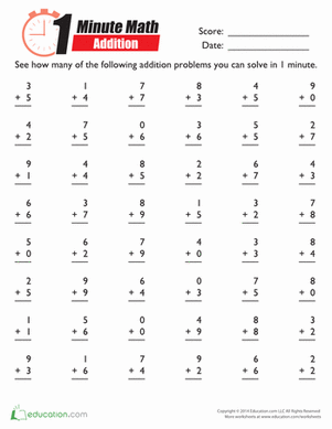 1 Minute Math Addition Worksheets