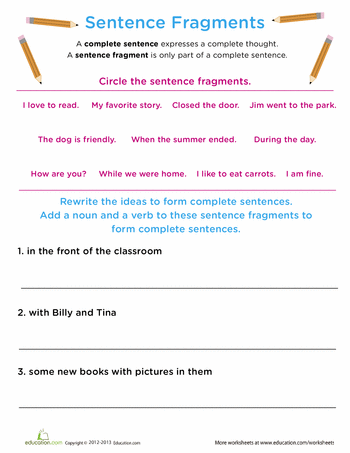 Sentence Fragment Worksheets Grade 2