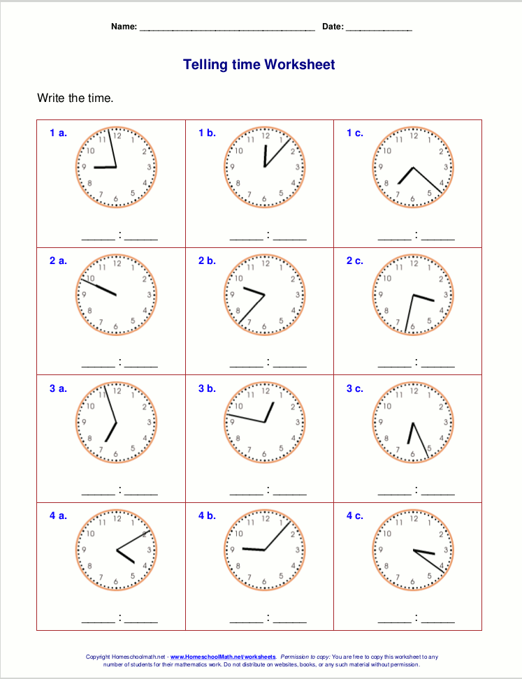 Printable Telling Time Worksheets Grade 3