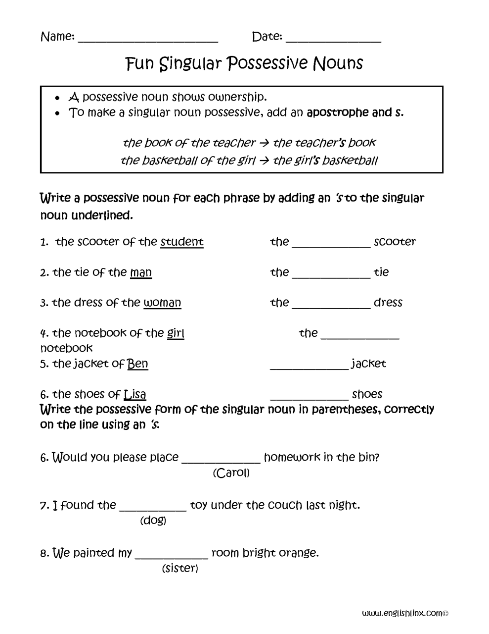 2nd Grade Singular Possessive Nouns Worksheets