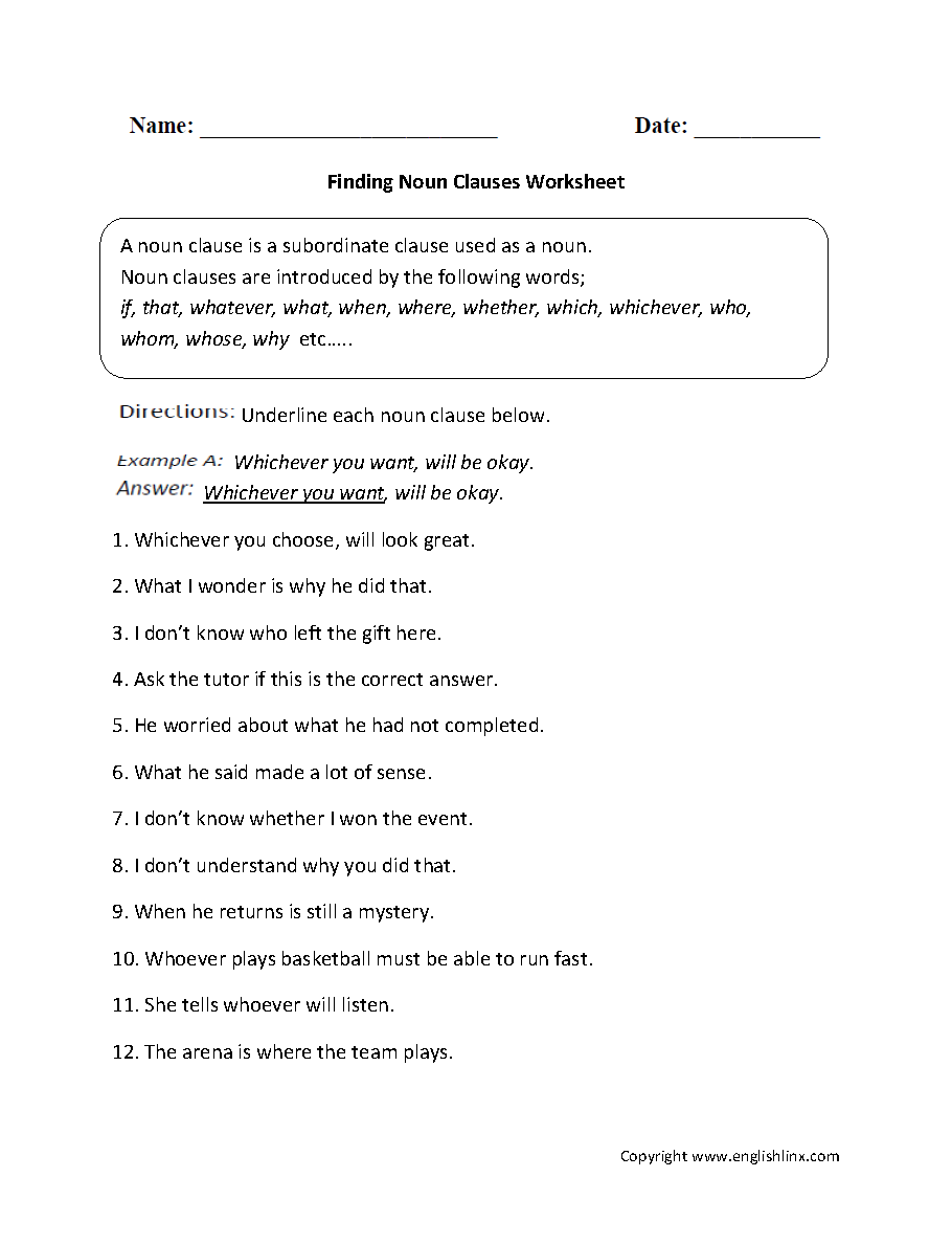 Noun Clause Worksheet With Answers Pdf