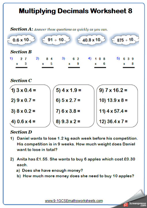 Multiplying And Dividing Decimals Worksheets Ks3