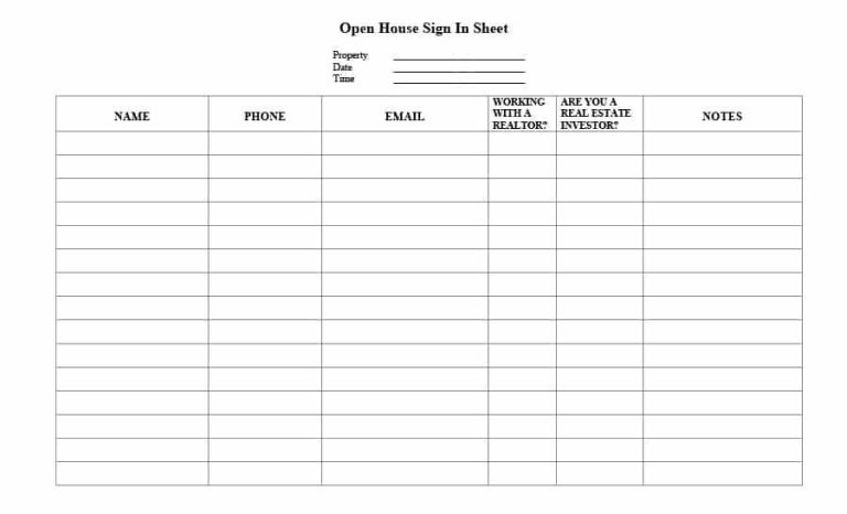Printable Sign In Sheet For Open House