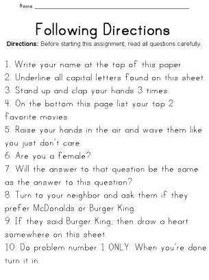 Following Directions Worksheets 4th Grade