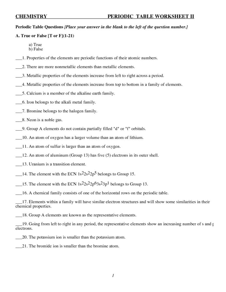 Periodic Trends Worksheet Answers