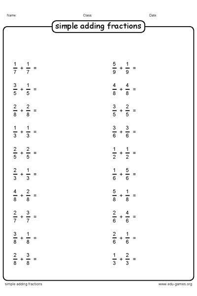 Addition Of Fractions Worksheets