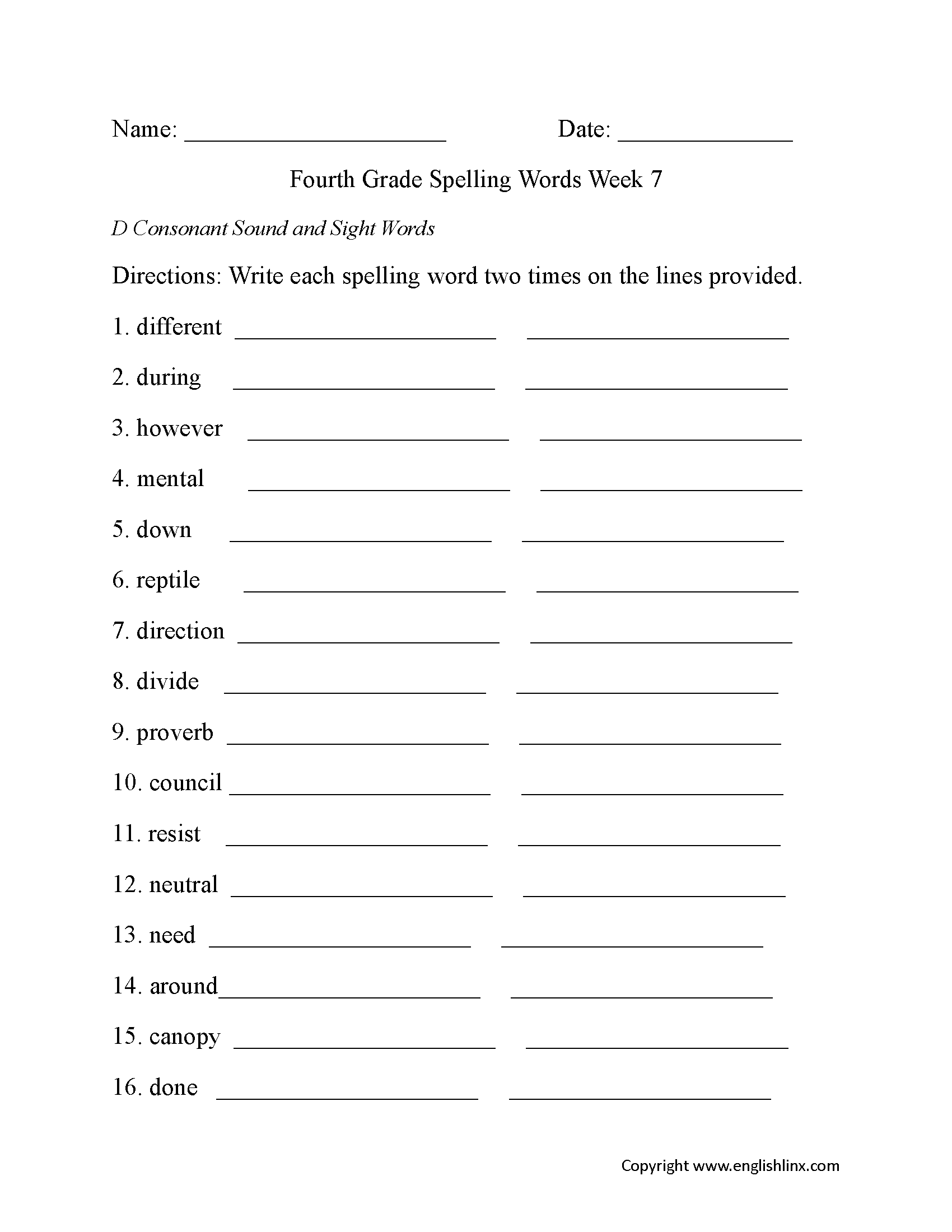 4th Grade Worksheets Spelling