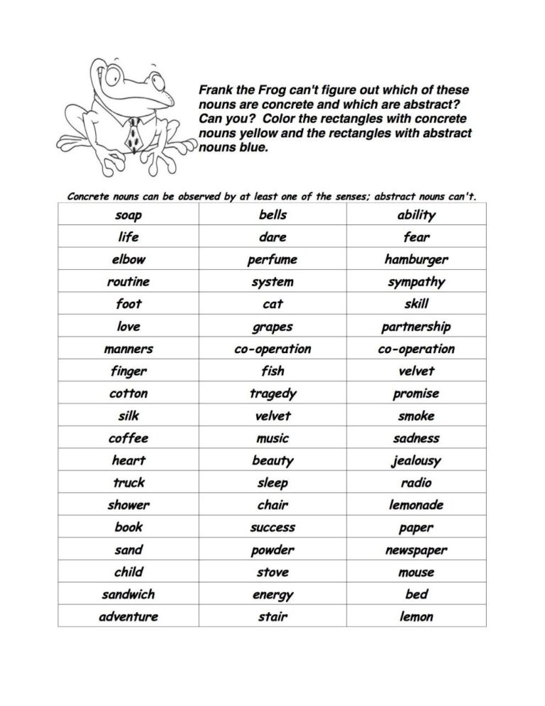 Concrete And Abstract Nouns Worksheet 7th Grade Pdf