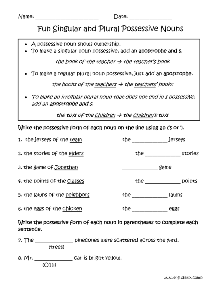 3rd Grade Possessive Plural Nouns Worksheet