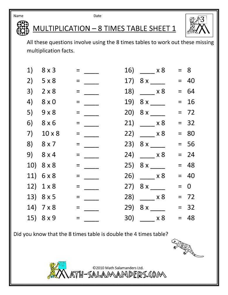 Multiplication 8 Times Table Worksheet