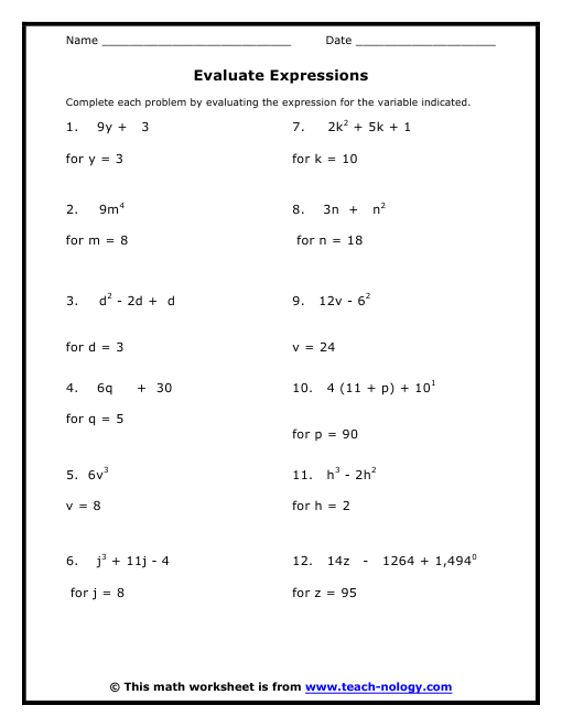 Algebraic Expressions Worksheets 8th Grade