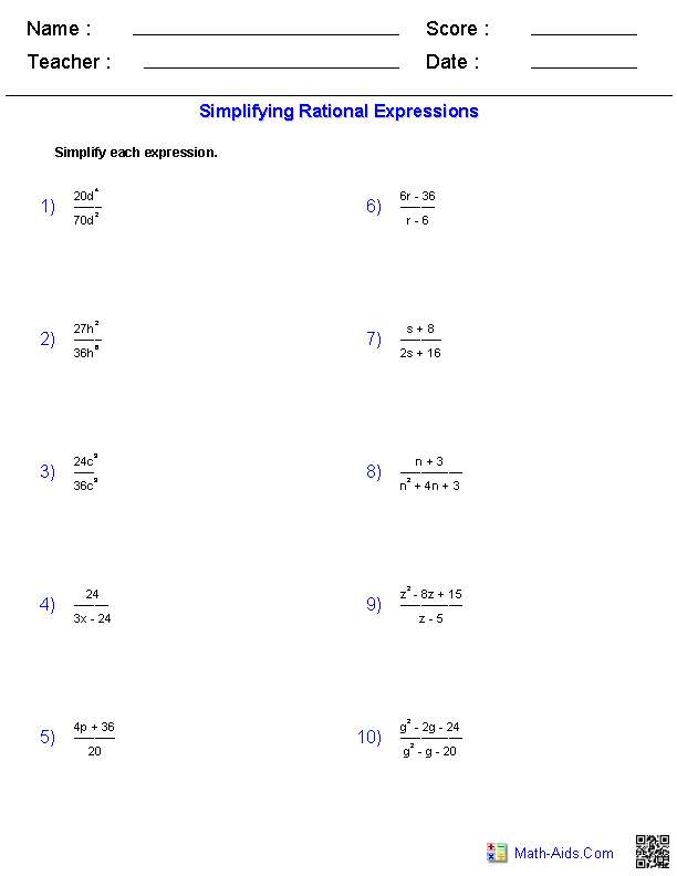 Simplifying Rational Expressions Worksheet