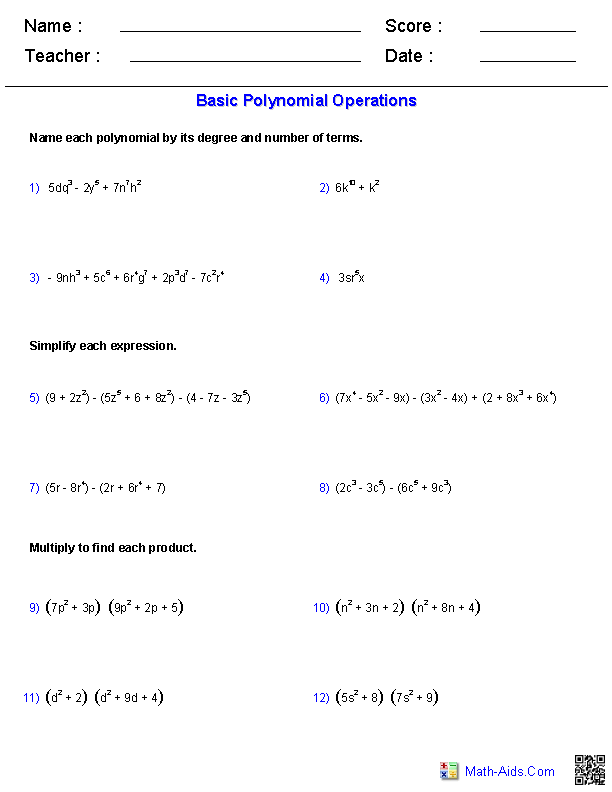 Polynomials Worksheet Algebra 2