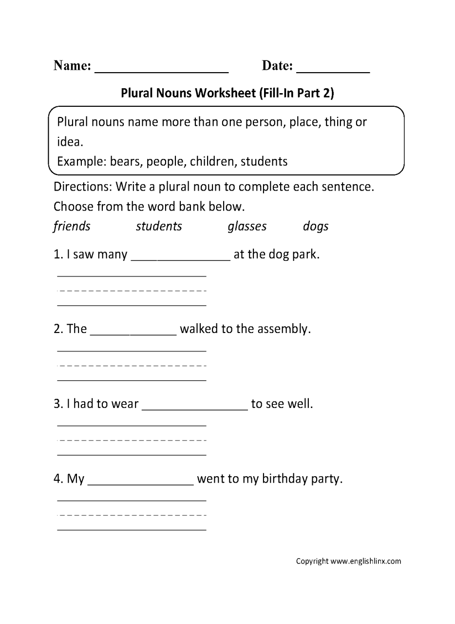 2nd Grade Singular And Plural Nouns Sentences Worksheets