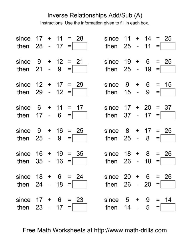 Inverse Operations Worksheets Addition And Subtraction