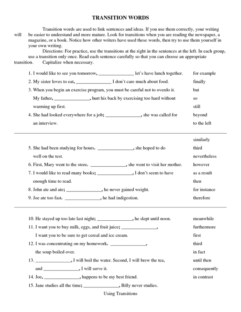 3rd Grade Linking Words Worksheets