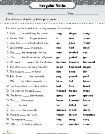 Irregular Verbs Worksheets For Grade 4