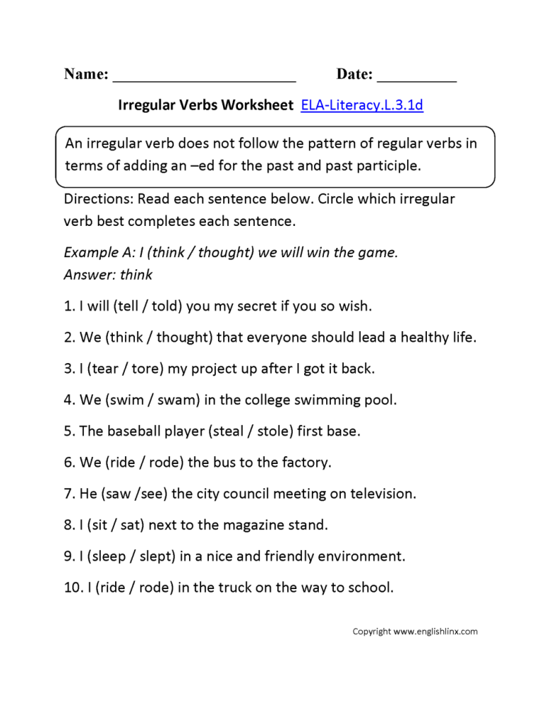 6th Grade Irregular Verbs Worksheet Pdf
