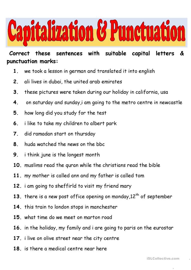 Capitalization And Punctuation Worksheets 7th Grade
