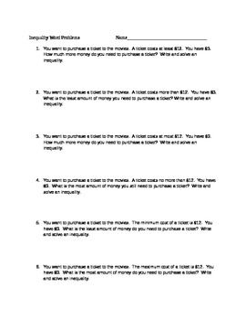 Inequality Word Problems Worksheet With Answers
