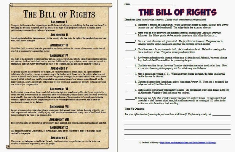 Bill Of Rights Worksheet For Kids